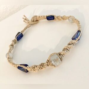 MOVING SALE | Handmade boho hemp bracelet with blue + white glass beads